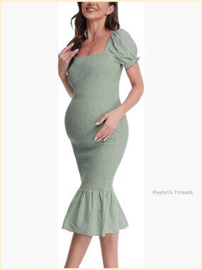Maternity Midi Bodycon Mermaid Dress, Short Puff Sleeve Square Neck Ruffle Hem